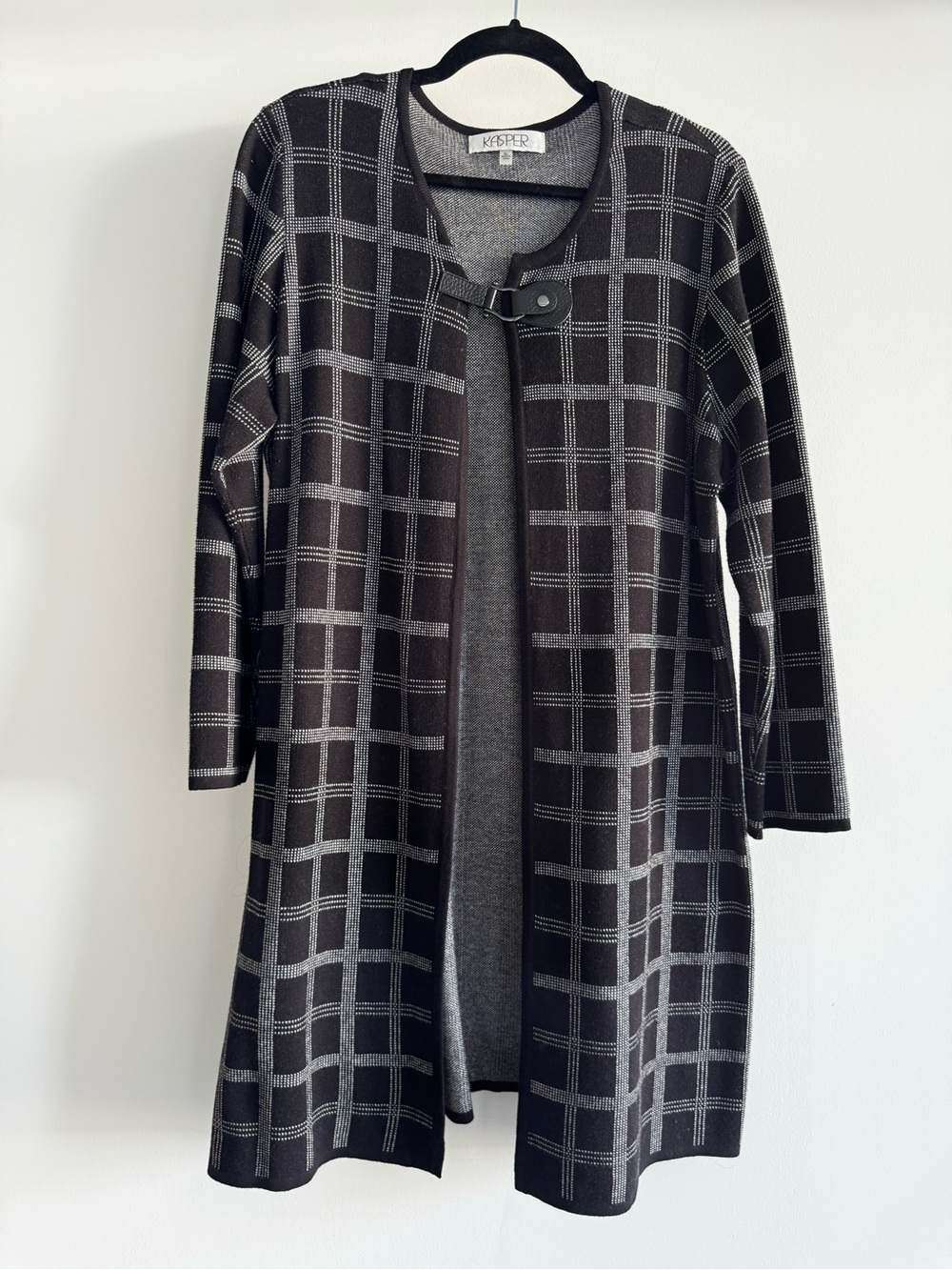 Kasper Black & Gray Plaid Open-Front Long Cardigan